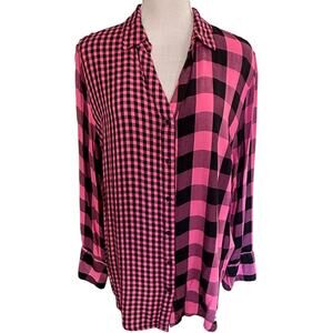 Cato, X Large, Pink/Black Color Block Button Down Collared Blouse